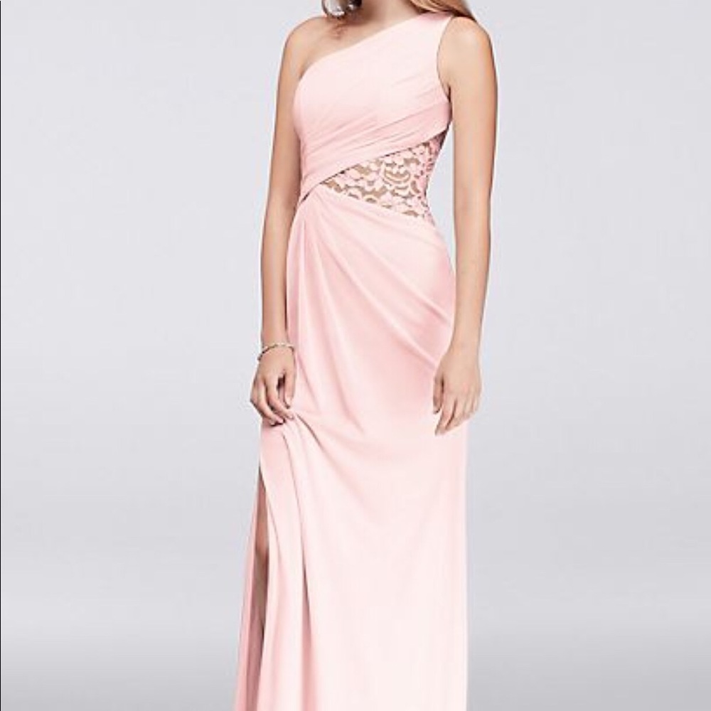 David’s Bridal One-Shoulder Mesh Dress with Lace